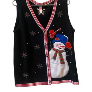Snowman Christmas sweater, vest, pearls, and snowflakes size large